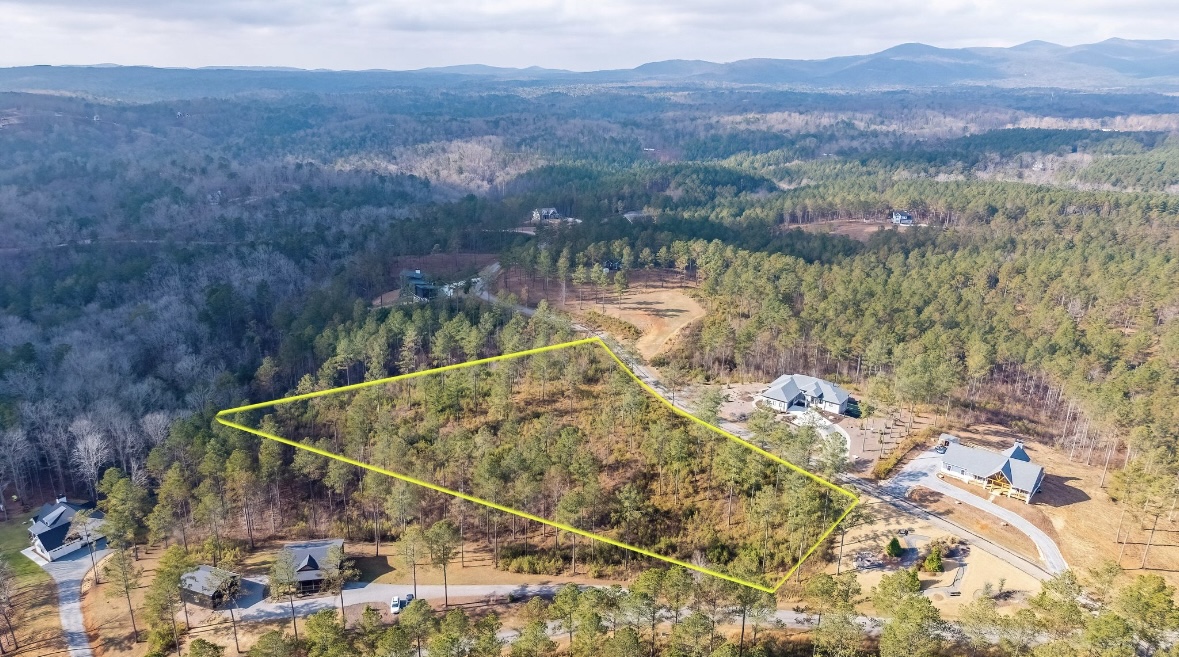 Aerial view of a wooded 3.6-acre property outlined in Gilmer County, Georgia